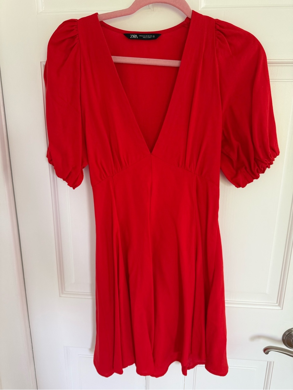 Zara Red V-Neck Puff-Sleeve Mini Dress